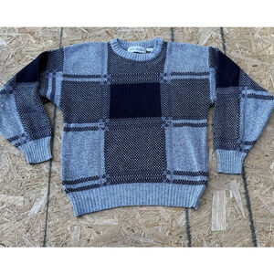 VTG Matt Morgan 90s Acrylic Sweater Plaid Checkered Black Gray Geometric Soft